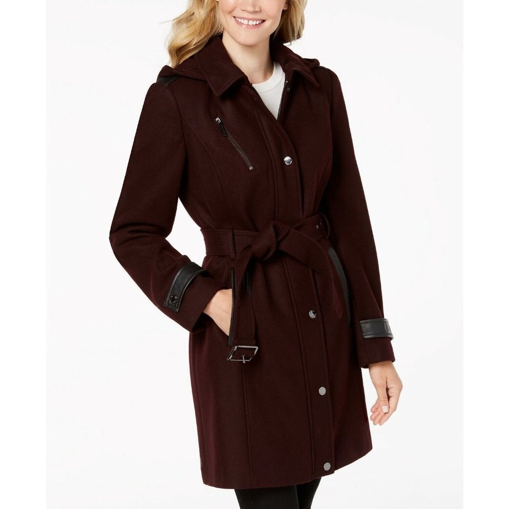 NEW Sz Medium M Michael Kors Belted faux Leather Trim Wool Hooded Coat Burgundy - Picture 5 of 9